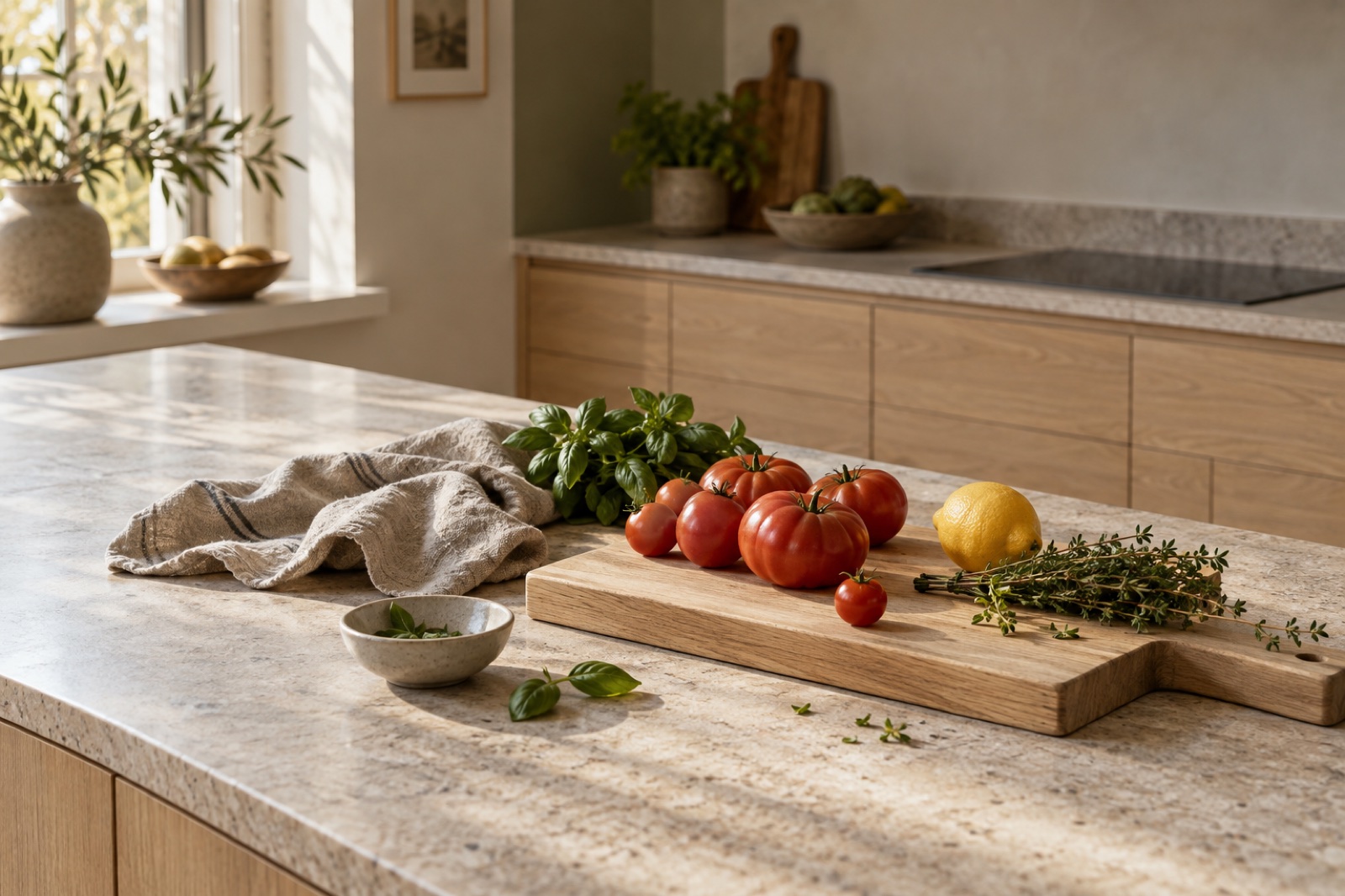 Verse ingrediënten op een natuurstenen werkblad in een rustige, lichte keuken